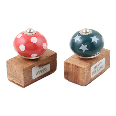 Wood and ceramic stamps, 'Holiday Wishes' (pair) - 2 Ceramic Wood Christmas Stamps Crafted and Painted by Hand