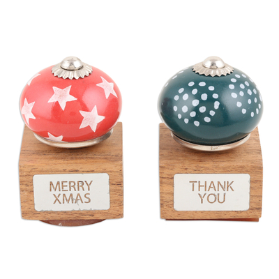 Wood and ceramic stamps, 'Warm Greetings' (set of 2) - Ceramic and Brass Stamps Crafted from Mango Wood (Set of 2)
