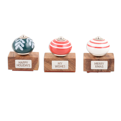 Wood and ceramic stamps, 'Loving Greetings' (set of 3) - Ceramic and Brass Stamps Crafted from Mango Wood (Set of 3)
