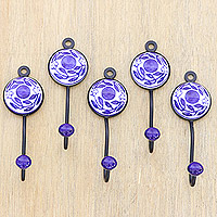 Ceramic coat hooks, 'Purple Spring' (set of 5)