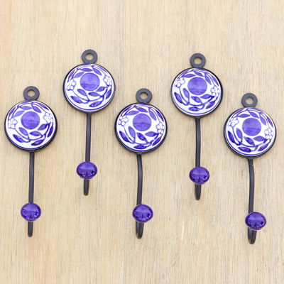 Set of 5 Ceramic Coat Hooks with Hand-Painted Floral Motifs - Purple Spring