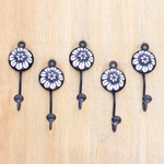 Ceramic coat hooks, 'Night Blooming' (set of 5) - Set of 5 Ceramic Coat Hooks with Hand-Painted Floral Details