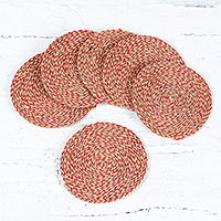 Jute coasters, 'Red Frequency' (set of 6) - Set of 6 Red Jute Coasters with Laminated Backs