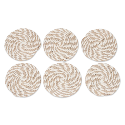 Set of 6 Ivory Jute and Cotton Coasters Crafted in India