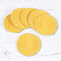 Cotton coasters, 'Yellow Environment' (set of 6) - Set of 6 Yellow Cotton Coasters with Laminated Jute Backing