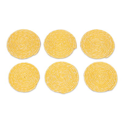 Set of 6 Yellow Cotton Coasters with Laminated Jute Backing