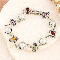 Multi-gemstone link bracelet, 'Earth Wonders' - Link Bracelet with Faceted Gemstones and Cultured Pearls