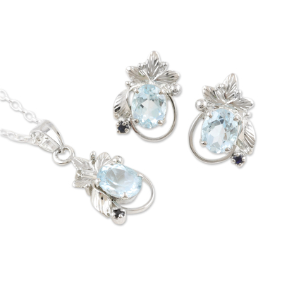 Rhodium-plated blue topaz and sapphire jewelry set, 'Blue Awakening' - Rhodium-plated Jewelry Set with 7-Carat Blue Topaz Gems