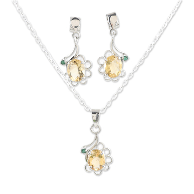Rhodium-plated citrine and emerald jewellery set, 'Tender Garden' - Rhodium-plated jewellery Set with 9-Carat Citrine and Emerald