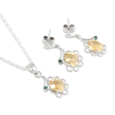 Rhodium-plated citrine and emerald jewellery set, 'Tender Garden' - Rhodium-plated jewellery Set with 9-Carat Citrine and Emerald