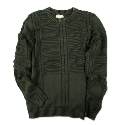 Men's cotton sweater, 'Gallant Green' - Men's Green Cotton Sweater with a Unique Pattern from India