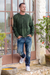 Men's cotton sweater, 'Gallant Green' - Men's Green Cotton Sweater with a Unique Pattern from India (image 2b) thumbail