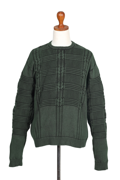 Jersey de algodón para hombre - Suéter de hombre de algodón verde con un patrón único de la India