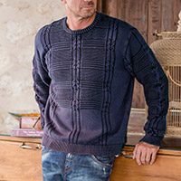 Men's cotton sweater, 'Everyday Style in Indigo' - Men's Indigo Cotton Sweater with a Unique Pattern from India