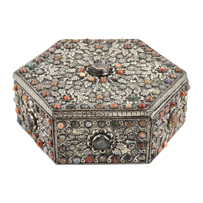 Embossed nickel-plated brass jewelry box, 'Garden Splendor' - Handcrafted Embossed Nickel-Plated Brass Jewelry Box