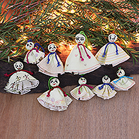 Adornos de viscosa bordados, 'White Chekutty Dolls' (juego de 9) - Juego de 9 adornos navideños de muñecas de viscosa bordados