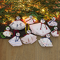 Embroidered viscose ornaments, 'Chekutty Dolls' (set of 9) - Set of 9 Embroidered Viscose Doll Holiday Ornaments in White