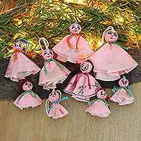 Embroidered viscose ornaments, 'Pink Chekutty Dolls' (set of 9) - Set of 9 Embroidered Viscose Doll Holiday Ornaments in Pink