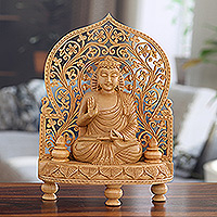 Escultura de madera, 'La iluminación de los sabios' - Escultura de Buda de madera tallada a mano con motivos tradicionales