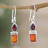 Carnelian and garnet dangle earrings, 'Red & Chic' - Sterling Silver Dangle Earrings with Carnelian and Garnet