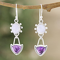 Rainbow moonstone and amethyst dangle earrings, 'Harmonious Purple' - Rainbow Moonstone Dangle Earrings with 5-Carat Amethyst Gems