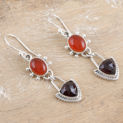 Carnelian and garnet dangle earrings, 'Courageous Crimson' - Carnelian Dangle Earrings with Faceted 5-Carat Garnet Gems