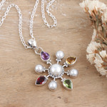 Multi-gemstone pendant necklace, 'Treasure Compass' - Sterling Silver Pendant Necklace with Colorful Jewels