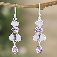 Rainbow moonstone and amethyst dangle earrings, 'Tender Pears' - Polished Dangle Earrings with Rainbow Moonstone and Amethyst