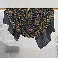 Wool blend shawl, 'Midnight Paradise' - Embroidered Wool Blend Shawl with Black and Yellow Accents