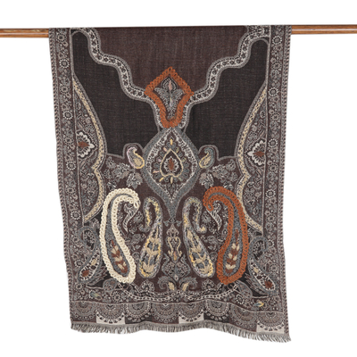 Hand-embroidered wool shawl, 'Beguiling Paisley' - Hand-Embroidered Wool Shawl with Warm-Toned Paisley Details