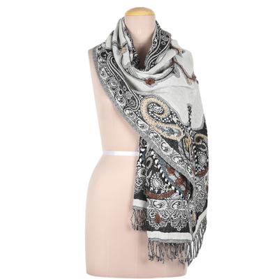 Hand-embroidered wool shawl, 'Misty Glory' - Hand-Embroidered Wool Shawl with Grey Paisley Details