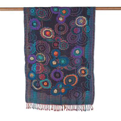 Hand-Embroidered Wool Shawl with Vibrant Floral Pattern