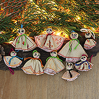 Embroidered viscose ornaments, 'Beige Chekutty Dolls' (set of 9) - Set of 9 Embroidered Viscose Doll Holiday Ornaments in Beige