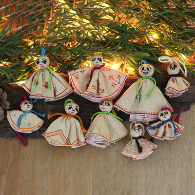Embroidered viscose ornaments, 'Beige Chekutty Dolls' (set of 9) - Set of 9 Embroidered Viscose Doll Holiday Ornaments in Beige