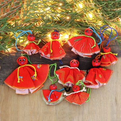 Embroidered viscose ornaments, Red Chekutty Dolls (set of 9)
