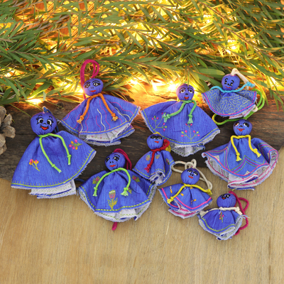 Embroidered viscose ornaments, 'Blue Chekutty Dolls' (set of 9) - Set of 9 Embroidered Viscose Doll Holiday Ornaments in Blue
