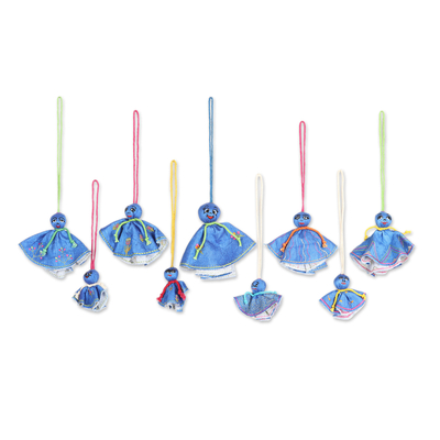 Set of 9 Embroidered Viscose Doll Holiday Ornaments in Blue