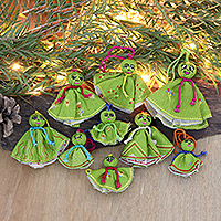 Embroidered viscose ornaments, 'Green Chekutty Dolls' (set of 9) - Set of 9 Embroidered Viscose Doll Holiday Ornaments in Green