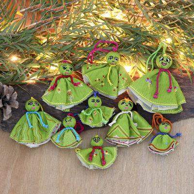 Embroidered viscose ornaments, 'Green Chekutty Dolls' (set of 9) - Set of 9 Embroidered Viscose Doll Holiday Ornaments in Green