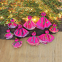 Embroidered viscose ornaments, 'Fuchsia Chekutty Dolls' (set of 9) - 9 Embroidered Viscose Doll Holiday Ornaments in Fuchsia