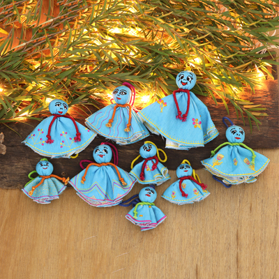 Embroidered viscose ornaments, 'Turquoise Chekutty Dolls' (set of 9) - 9 Embroidered Viscose Doll Holiday Ornaments in Turquoise