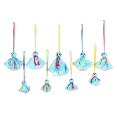 9 Embroidered Viscose Doll Holiday Ornaments in Turquoise