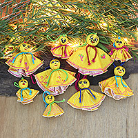 Embroidered viscose ornaments, 'Yellow Chekutty Dolls' (set of 9) - 9 Embroidered Viscose Doll Holiday Ornaments in Yellow