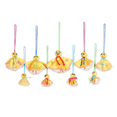 9 Embroidered Viscose Doll Holiday Ornaments in Yellow