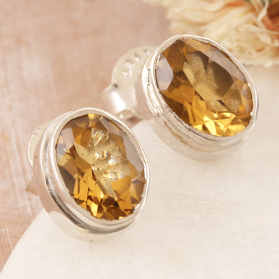 Citrine stud earrings, 'Solar Duet' - Sterling Silver Stud Earrings with Oval 3-Carat Citrine Gems