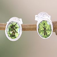Peridot stud earrings, 'Nature Duet' - Sterling Silver Stud Earrings with Oval 3-Carat Peridot Gems