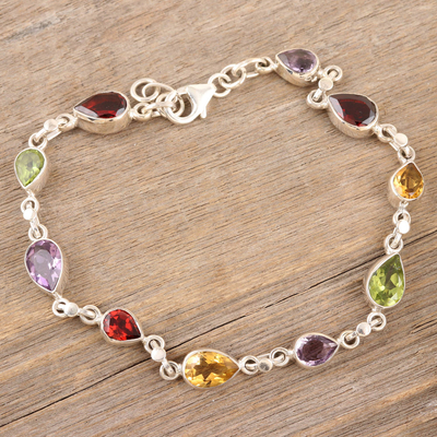 Multi-gemstone link bracelet, 'Intense Symphony' - Sterling Silver Link Bracelet with Multiple Gemstones