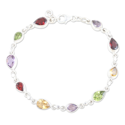Sterling Silver Link Bracelet with Multiple Gemstones