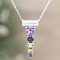 Multi-gemstone pendant necklace, 'Rainbow Stairway' - Sterling Silver Pendant Necklace with 5-Carat Gemstones