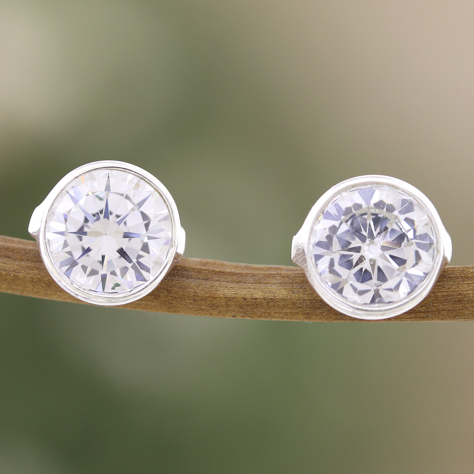 Polished Sterling Silver Cubic Zirconia Stud Earrings - White Night